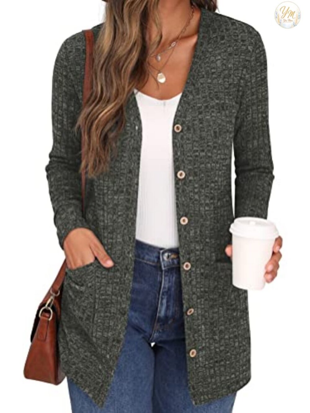 Women's Open Front Ribbed Knit Cardigan Long Sleeve Button Down with Pockets